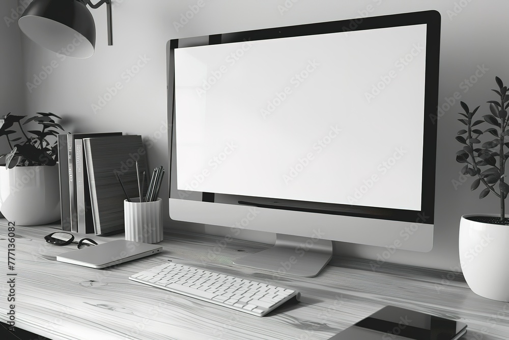 Poster a computer monitor sits on a desk with a keyboard and a mouse