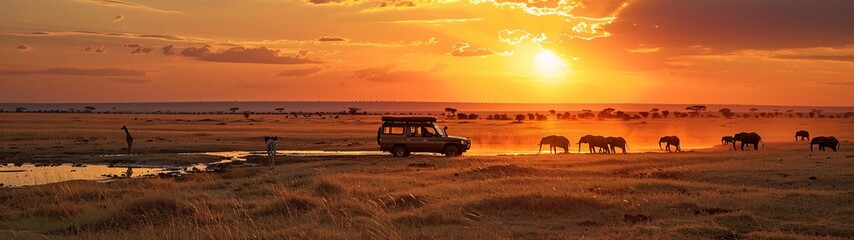 Fototapeta na wymiar Serengeti Sunset A Safari Adventure Generative AI