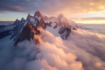 Majestic mountains enveloped by mist at sunrise. Generative AI image