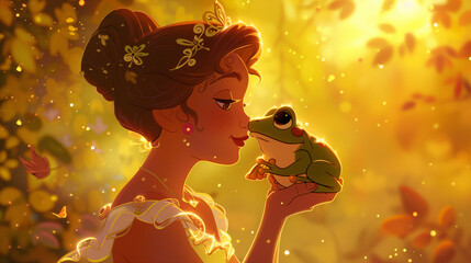 A princess in a splendid gown tenderly holds a frog, both surrounded by a glow hinting at an impending magical kiss. © tjshot