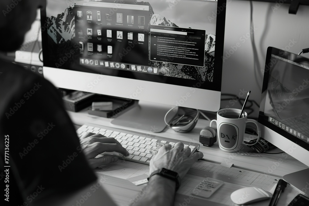 Poster a man is working on a computer with two monitors and a cup of coffee