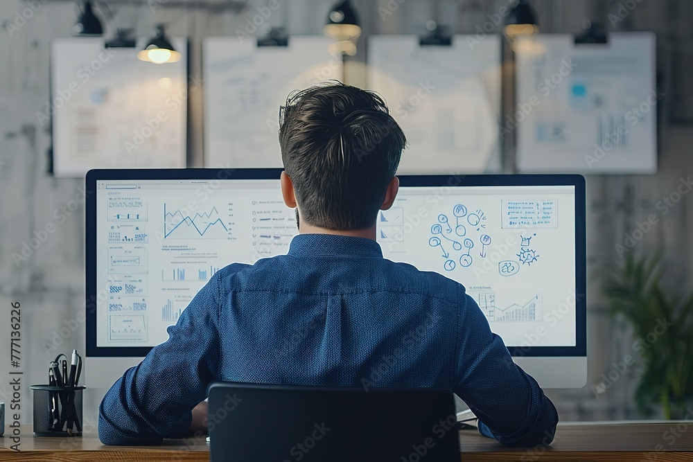 Poster a man is sitting at a desk with two computer monitors in front of him