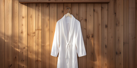 a white mock up smple of a white hodded bathrobe hanging infront of a pollished wood wall сreated with Generative Ai