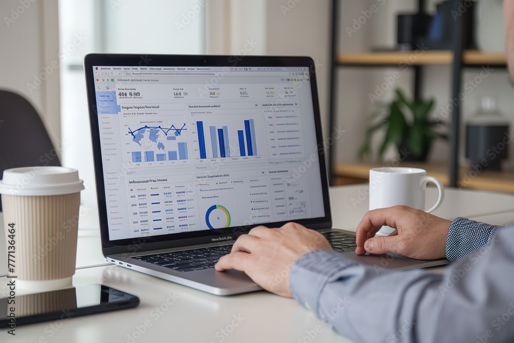 Poster a man is using a laptop to analyze data on a screen