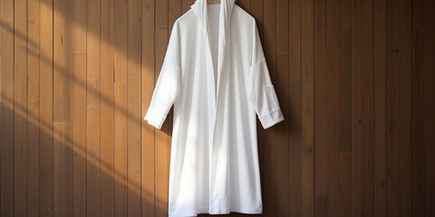 a white mock up smple of a white hodded bathrobe hanging infront of a pollished wood wall сreated with Generative Ai