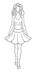 The lady keeps pace. Sketch. Vector illustration. A beautiful woman wears a short top with one strap around the neck and a full flared skirt. A girl with wavy hair and long legs. Doodle style. 