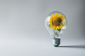 Photorealistic light bulb with sunflower inside standing vertically on a table. Ecological, green energy, climate change, smart farming, creative thinking concept. White background with copy space.