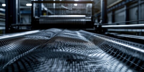 Threads of innovation intertwine as machinery spins nylon mesh in a factory, showcasing the sleek process of transforming synthetic fibers into durable fabric. - obrazy, fototapety, plakaty