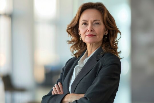 A confident middle-aged female executive stands with her arms crossed, her demeanor exuding certainty and professional strength.