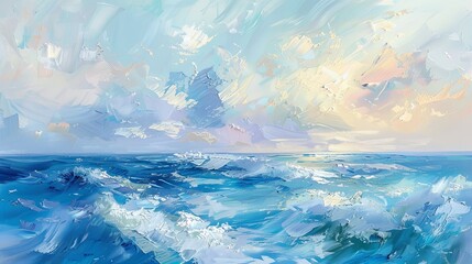 Abstract Ocean Waves Under Pastel Sky Painting - obrazy, fototapety, plakaty