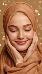 Radiant asian muslim woman smiling, giving eid mubarak greeting on blurred background