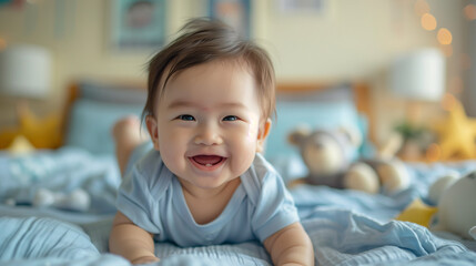 portrait of a happy baby on bed