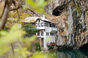View of Tekija in Blagaj in Bosnia and Herzegovina. The Tekija, dervish house, set at the source of...