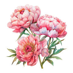 Pink blooming peony bouquet watercolor painting, hand drawn isolated botanical floral design element