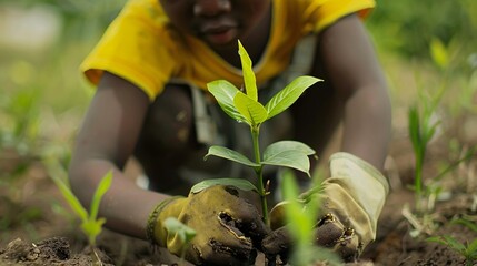 close-up of a child planting a plant