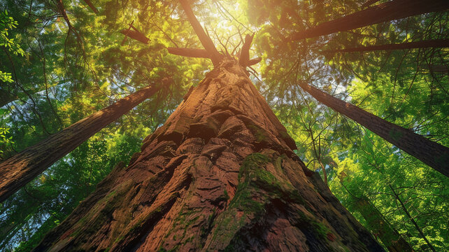 Ancient redwood tree reaching towards the sky in a lush forest.