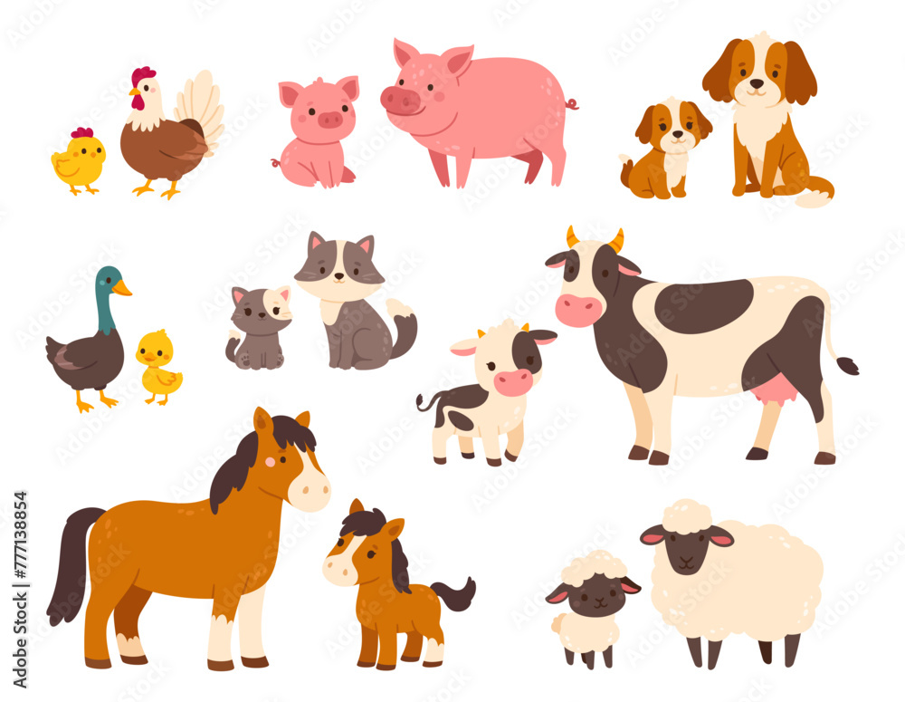 Wall mural farm animals with their baby. cartoon pet animal family. mothers and kids. domestic parents and chil
