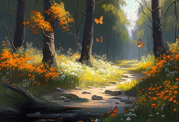 An artistic portrayal of a tranquil woodland glade, where slender wildflowers sway gently amidst the dappled sunlight, accompanied by the graceful fluttering of orange butterflies. - obrazy, fototapety, plakaty