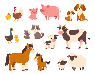 Farm animals with their baby. Cartoon pet animal family. Mothers and kids. Domestic parents and children. Mom pig with piglet, cute cow and calf. Vector set