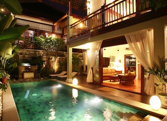 Fototapeta na wymiar beautiful bali style villa with swimming pool and garden at night, 