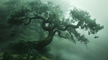 Ancient yew tree with its twisted branches in a misty woodland.