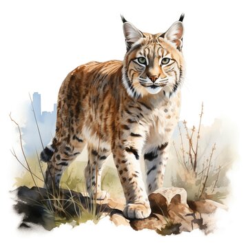 recommend clip art: Bobcat in nature landscape. Bobcat clipart. Watercolor illustration. Generative AI. Detailed illustration.