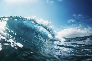 Powerful blue ocean wave crashes on the shore, sending white foam splashing into the summer sky