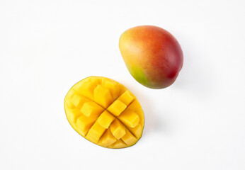Picture ripe mango slices neatly arranged, each piece isolated against a pristine white...