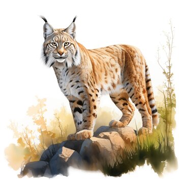 recommend clip art: Bobcat in nature landscape. Bobcat clipart. Watercolor illustration. Generative AI. Detailed illustration.