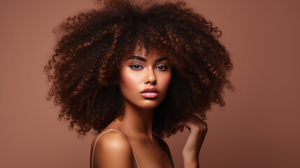 Beautiful black woman . Beauty portrait of african american woman with clean healthy skin on beige background. Smiling beautiful afro girl.Curly black hair