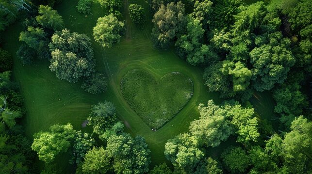 trees in the forest in the shape of heart. view from above. Valentine's Day and Planet day concept.