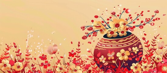 Peach blossom branches in vase with spring couplet isolated on beige background. Tranditional chinese new year decoration