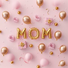 minimal pink banner background, suitable for Mother's Day. Mom balloon words float on podium with gift boxes decorated aside.