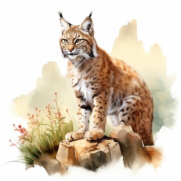 recommend clip art: Bobcat in nature landscape. Bobcat clipart. Watercolor illustration. Generative AI. Detailed illustration.