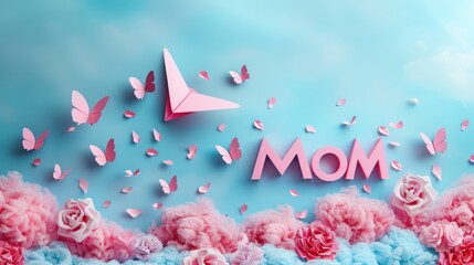 Happy Mother's day card with word MOM from pink paper and a tiny paper plane on the blue background