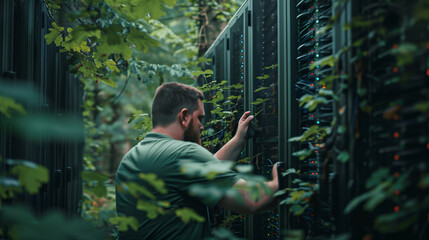 Technician Servicing Servers in Green Data Center
. A focused technician in a green shirt adjusts equipment in a data center surrounded by lush foliage, blending technology with environmental themes.
