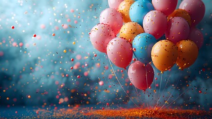 a cheerful birthday background adorned with vibrant balloons and confetti, evoking a sense of joy and celebration, in stunning 16k full ultra HD resolution.