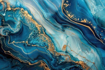 Luxurious ocean inspired art with blue and gold accents. - obrazy, fototapety, plakaty