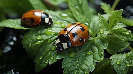 Ladybugs Crawling on Green Leaves generative ai illustration