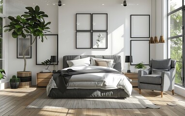 3D rendering of a modern bedroom interior with a gray bed, armchair and wooden floor