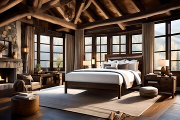 Cozy bedroom with rustic wood beams and a crackling fireplace.