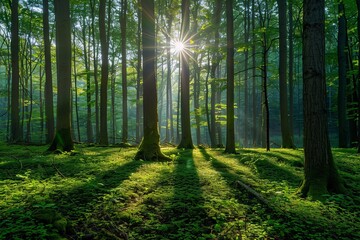 Fototapeta na wymiar Sunlight Beams Through Forest of Tall Trees Generative AI