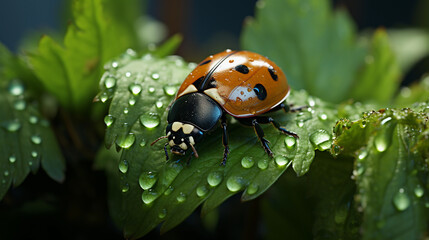 Ladybugs Crawling on Green Leaves generative ai illustration