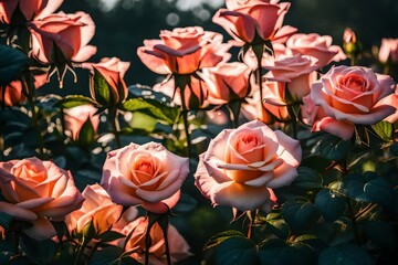 Vibrant pink blooms under the golden sun, A group of pink roses