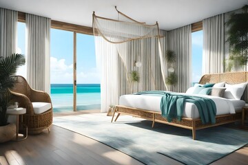 Peaceful ocean view from the bedroom, 
A bedroom with a bed and a chair