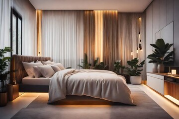 Sleek modern bedroom with stylish lighting, 
A bedroom with a bed and plants