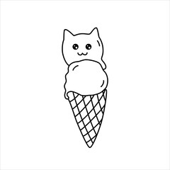 Vector line illustrationof a cute ice cream cone in the form of a cat.