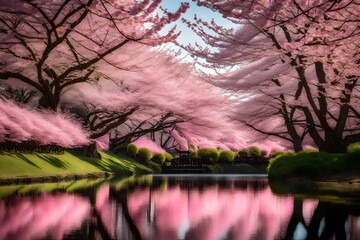 Peaceful pond reflecting delicate cherry blossoms, A river with pink trees and a bridge