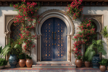 Fototapeta na wymiar 3d rendering of a beautiful entrance door with flowers in the garden, wood style old architecture, generative ai
