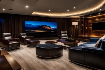 Stylish theater setup with cozy leather seating and a large screen. A room with a television and a large screen